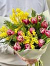 Peony tulips with mimosa photo 1